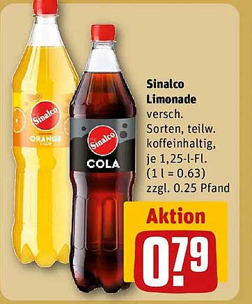 Sinalco Limonade versch. Sorten, teilw. koffeinhaltig, je 1,25-l-Fl. (1 l = 0.63) zzgl. 0.25 Pfand