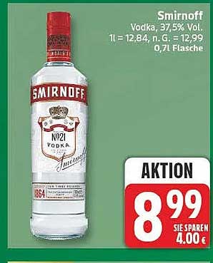Smirnoff Vodka, 37,5% Vol. 1 l = 12,84, n. G. = 12,99 0,7 l Flasche