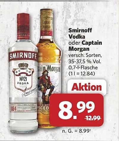 Smirnoff Vodka oder Captain Morgan versch. Sorten, 35-37,5 % Vol. 0,7-l-Flasche (1 l = 12.84)