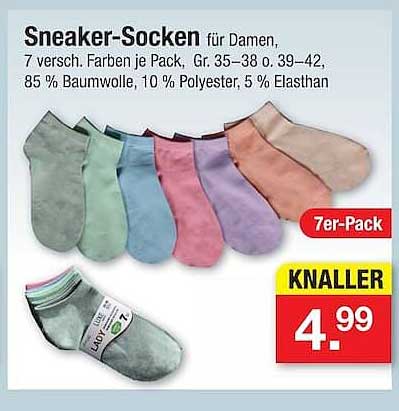 Sneaker-Socken für Damen, 7 versch. Farben je Pack, Gr. 35–38 o. 39–42, 85 % Baumwolle, 10 % Polyester, 5 % Elasthan, 7er-Pack