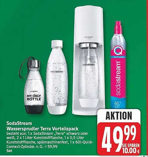 SodaStream Wassersprudler Terra Vorteilspack besteht aus: 1 x SodaStream „Terra“ schwarz oder weiß, 2 x 1 Liter Kunststoffflasche, 1 x 0,5 Liter Kunststoffflasche, spülmaschinentauglich, 1 x 60l-Quick-Connect-Zylinder. n.G. = 59,99