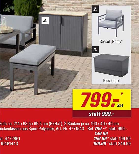 Sofa ca. 214 x 63,5 x 69,5 cm (BxHxT), 2 Bänke je ca. 100 x 40 x 40 cm