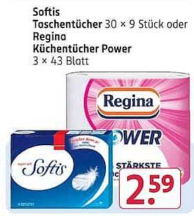 Softis Taschentücher 30 x 9 Stück oder Regina Küchentücher Power 3 x 43 Blatt