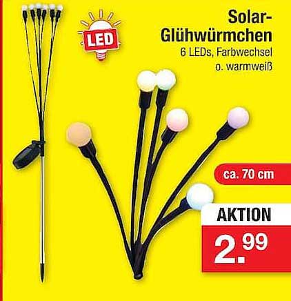 Solar-Glühwürmchen 6 LEDs, Farbwechsel o. warmweiß ca. 70 cm AKTION
