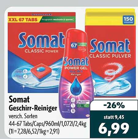 Somat Geschirr-Reiniger versc. Sorten 44-67 Tabs/Caps/960ml/1,072l/2,4kg (1l=7,28/6,52/1kg=2,91)