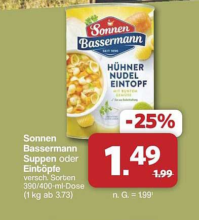 Sonnen Bassermann Suppen oder Eintöpfe versch. Sorten 390/400-mL-Dose (1 kg ab 3.73)