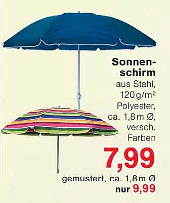 Sonnenschirm aus Stahl, 120 g/m² Polyester, ca. 1,8 m Ø, versch. Farben gemustert, ca. 1,8 m Ø