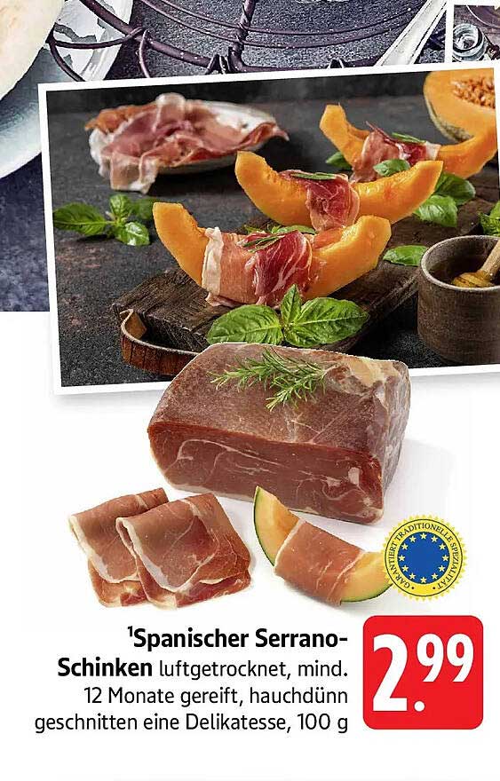 Spanischer Serrano-Schinken luftgetrocknet, mind. 12 Monate gereift, hauchdünn geschnitten eine Delikatesse, 100 g