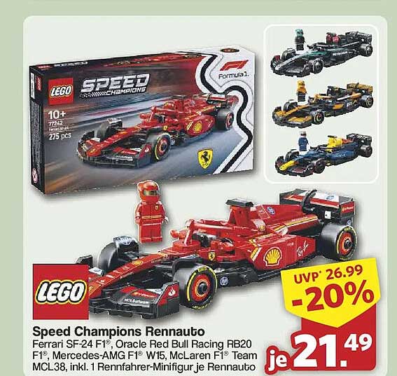 Speed Champions Rennauto Ferrari SF-24 F1®, Oracle Red Bull Racing RB20 F1®, Mercedes-AMG F1® W15, McLaren F1® Team MCL38, inkl. jede Rennauto