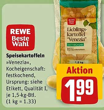 Speisekartoffeln »Venezia«, Kocheigenschaft: festkochend, Ursprung: siehe Etikett, Qualität I, je 1,5-kg-Btl. (1 kg = 1.33)