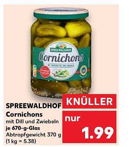 Spreewaldhof Cornichons mit Dill und Zwiebeln je 670-g-Glas Abtropfgewicht 370 g (1 kg = 5.38)