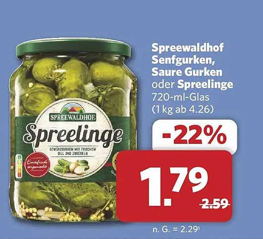 Spreewaldhof Senfgurken, Saure Gurken oder Spreelinge 720-ml-Glas (1 kg ab 4.26)