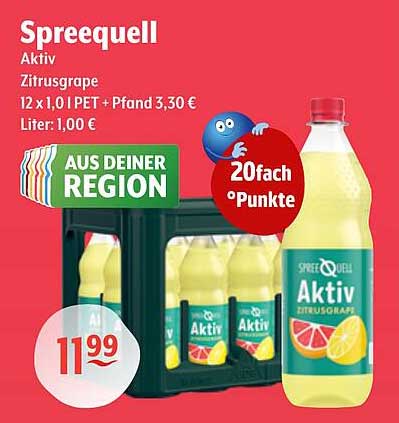 Spreqell Aktiv Zitrusgrape 12 x 1,0 l PET + Pfand 3,30 € Liter: 1,00 €