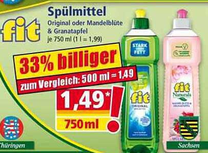 Spülmittel fit Original oder Mandelblüte & Granatapfel 750 ml (1 l = 1,99)