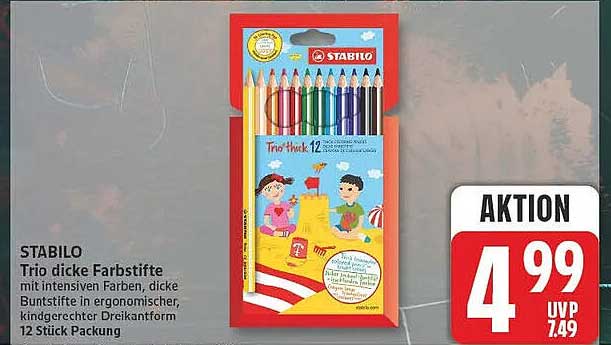 STABILO Trio dicke Farbstifte mit intensiven Farben, dicke Buntstifte in ergonomischer, kindgerechter Dreikantform 12 Stifte Packung