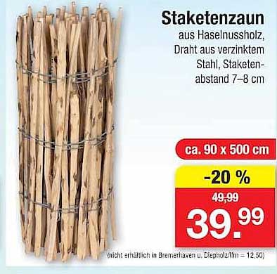 Staketenzaun aus Haselnussholz, Draht aus verzinktem Stahl, Staketenabstand 7–8 cm