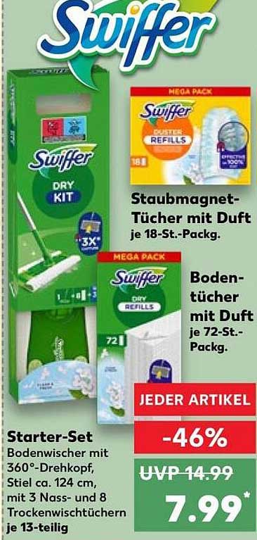 Starter-Set Bodenwischer mit 360°-Drehkopf, Stiel ca. 124 cm, mit 3 Nass- und 8 Trockenwischtüchern je 13-teilig