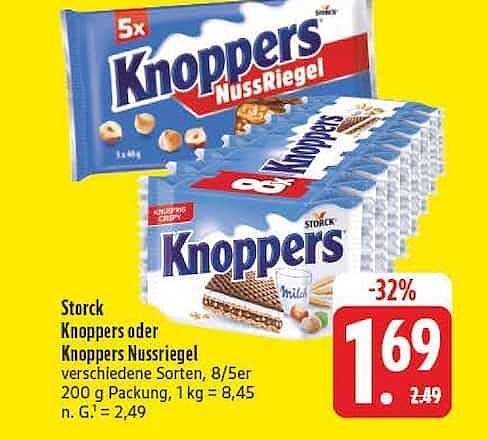 Storck Knoppers oder Knoppers Nussriegel verschiedene Sorten, 8/5er 200 g Packung, 1 kg = 8,45