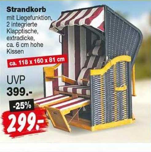 Strandkorb mit Liegefunktion, 2 integrierte Klapptische, Auflage, ca. 6 cm hohe Kissen