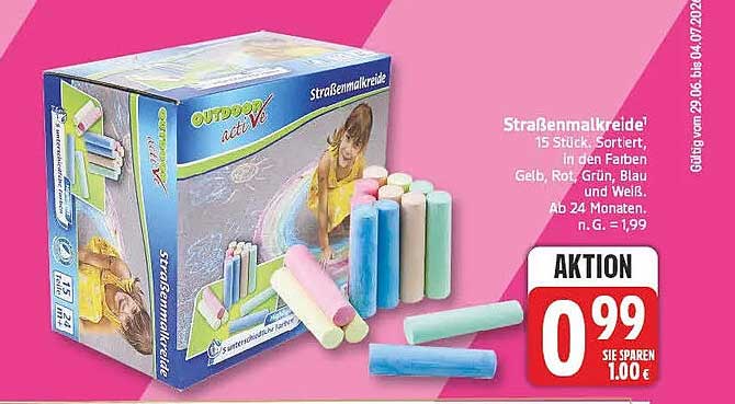 Straßenmalkreide 15 Stück, sortiert, in den Farben Gelb, Rot, Grün, Blau und Weiß. Ab 24 Monaten. n.G. = 1,99