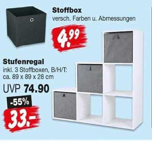 Stufenregal inkl. 3 Stoffboxen, B/H/T: ca. 89 x 89 x 28 cm