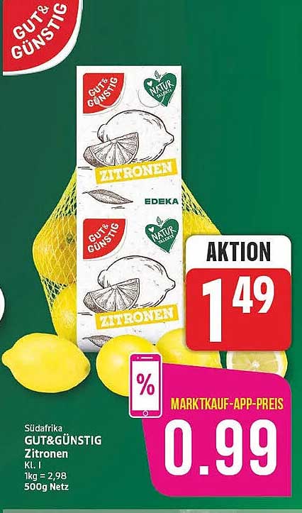 Südafrika GUT&GÜNSTIG Zitronen Kl. I 1kg = 2,98 500g Netz