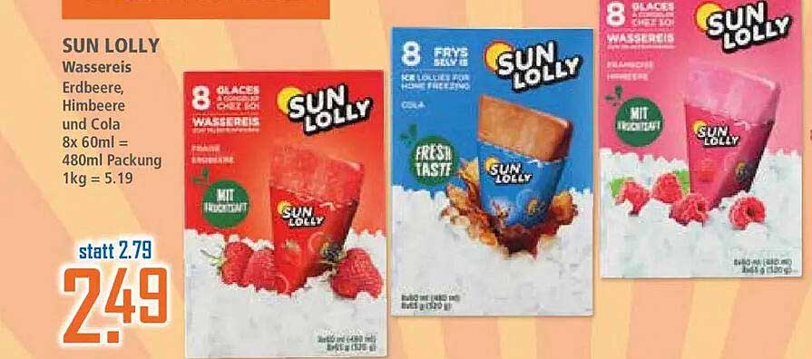SUN LOLLY Wassereis Erdbeere, Himbeere und Cola 8x 60ml = 480ml Packung 1kg = 5.19