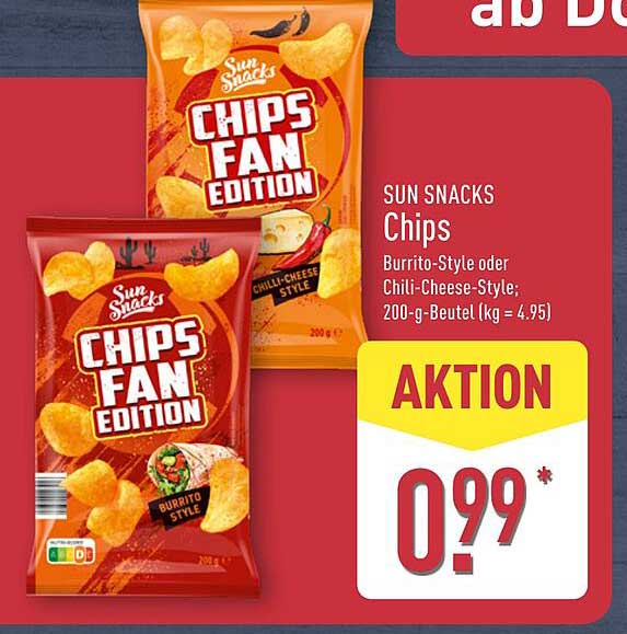 SUN SNACKS Chips Burrito-Style oder Chili-Cheese-Style; 200-g-Beutel (kg = 4.95)