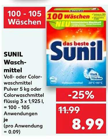 SUNIL Waschmittel Voll- oder Color-waschmittel Pulver 5 kg oder Colorwaschmittel flüssig 3 x 1,925 l, = 100 - 105 Anwendungen je (pro Anwendung = 0.09)