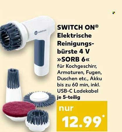 SWITCH ON® Elektrische Reinigungsbürste 4 V »SORB 6« für Kochgeschirr, Armaturen, Fugen, Duschen etc., Akku bis zu 60 min, inkl. USB-C Ladekabel, je 5-teilig