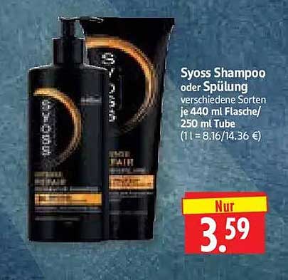 Syoss Shampoo oder Spülung verschiedene Sorten je 440 ml Flasche/250 ml Tube (1 l = 8.16/14.36 €)