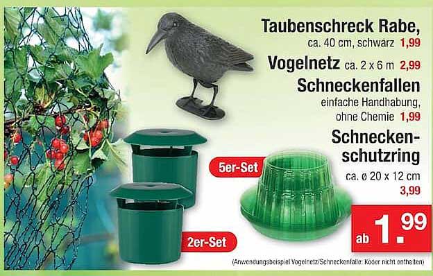 Taubenschreck Rabe, Vogelnetz, Schneckenfallen, Schneckenschutzring