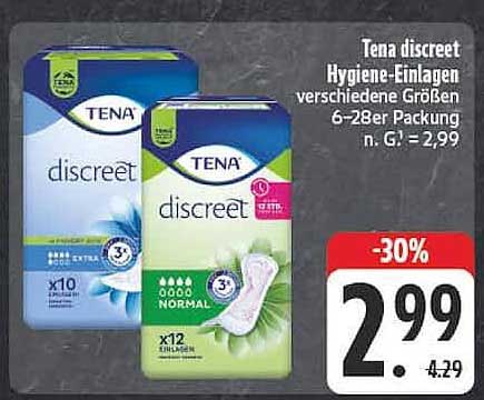 Tena discreet Hygiene-Einlagen verschiedene Größen 6-28er Packung n. G.: 2,99