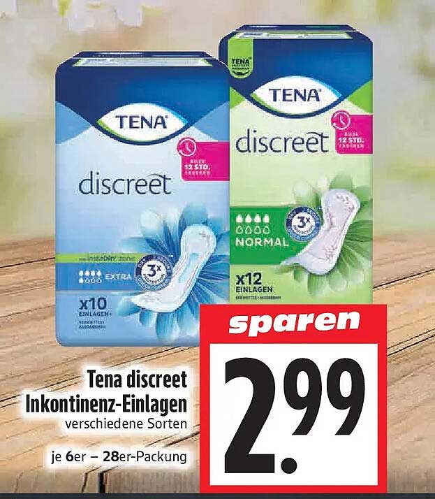 Tena discreet Inkontinenz-Einlagen verschiedene Sorten je 6er – 28er-Packung