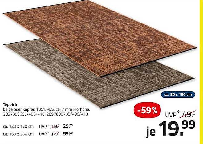 Teppich beige oder kupfer, 100% PES, ca. 7 mm Florhöhe, 289700050/+05/+10, 289700075/+05/+10