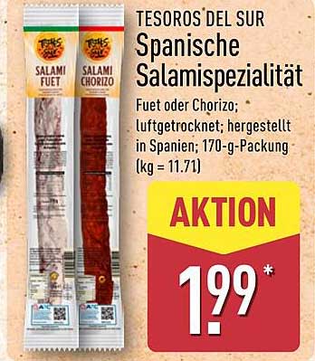 TESOROS DEL SUR Spanische Salamispezialität Fuet oder Chorizo: luftgetrocknet; hergestellt in Spanien; 170-g-Packung (kg = 11.71)