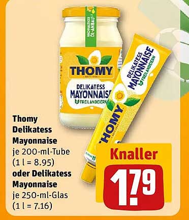 Thomy Delikatess Mayonnaise je 200-ml-Tube (1 l = 8.95) oder Delikatess Mayonnaise je 250-ml-Glas (1 l = 7.16)