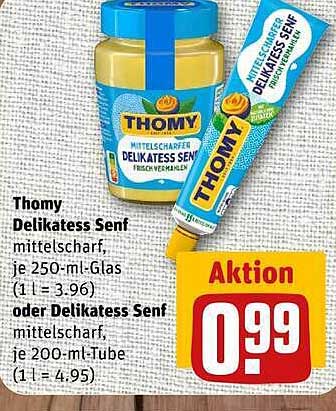 Thomy Delikatess Senf mittelscharf, je 250-ml-Glas (1 l = 3.96) oder Delikatess Senf mittelscharf, je 200-ml-Tube (1 l = 4.95)