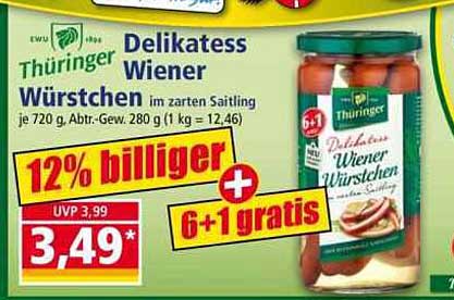 Thüringer Delikatess Wiener Würstchen im zarten Saitling je 720 g, Abtr. Gew. 280 g (1 kg = 12,46)