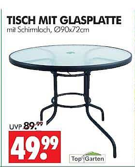 TISCH MIT GLASPLATTE mit Schirmloch, Ø90x72cm