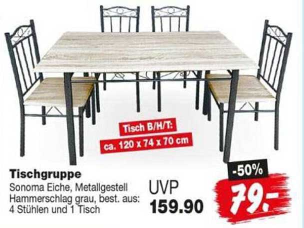 Tischgruppe Sonoma Eiche, Metallgestell Hammerschlag grau, best. aus: 4 Stühlen und 1 Tisch