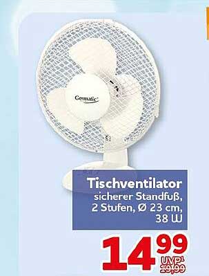 Tischventilator sicherer Standfuß, 2 Stufen, Ø 23 cm, 38 U