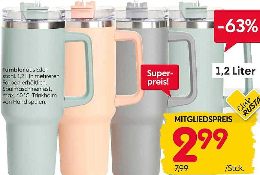 Tumbler aus Edelstahl, 1,2 l. In mehreren Farben erhältlich. Spülmaschinenfest, max. 60 °C. Trinkhalm von Hand spülen.