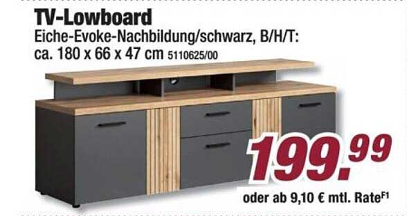 TV-Lowboard Eiche-Evoke-Nachbildung/schwarz, B/H/T: ca. 180 x 66 x 47 cm 5110625/00
