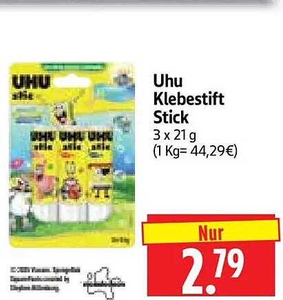 Uhu Klebestift Stick 3 x 21g (1 Kg= 44,29€)