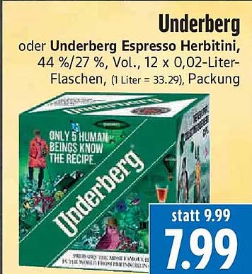 Underberg oder Underberg Espresso Herbitini, 44 %/27 %, Vol. 12 x 0,02-Liter-Flaschen, (1 Liter = 33.29), Packung