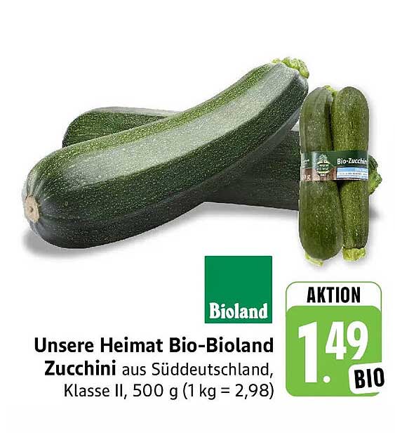 Unsere Heimat Bio-Bioland Zucchini aus Süddeutschland, Klasse II, 500 g (1 kg = 2,98)