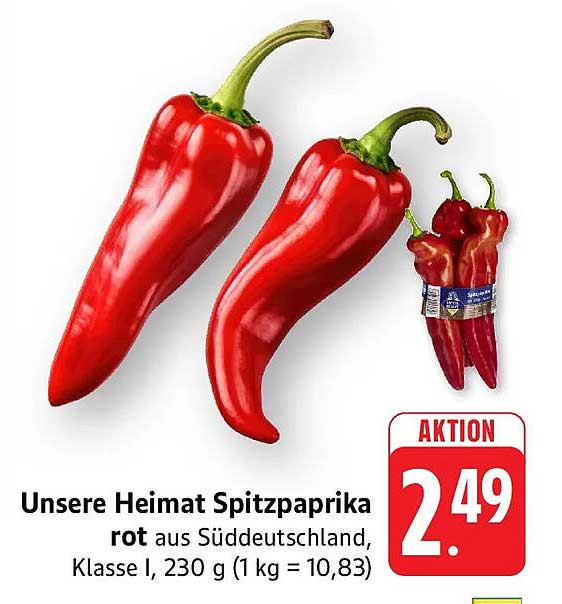 Unsere Heimat Spitzpaprika rot aus Süddeutschland, Klasse I, 230 g (1 kg = 10,83)