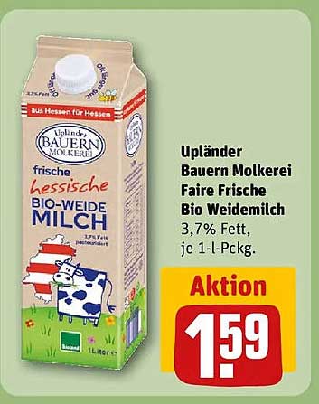 Upländer Bauern Molkerei Faire Frische Bio Weidemilch 3,7% Fett, je 1-l-Pckg.