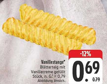 Vanillestange* Blätterteig mit Vanillecreme gefüllt Stück, n. G. = 0,79 Abbildung ähnlich.